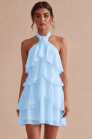 Laden Sie das Bild in den Galerie-Viewer, A-Linie Neckholder-Blümchen-Chiffon Kleines weißes Kleid mit Rüschen