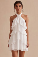 Laden Sie das Bild in den Galerie-Viewer, A-Linie Neckholder-Blümchen-Chiffon Kleines weißes Kleid mit Rüschen