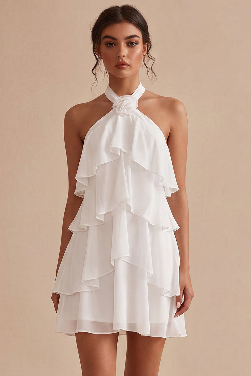 Laden Sie das Bild in den Galerie-Viewer, A-Linie Neckholder-Blümchen-Chiffon Kleines weißes Kleid mit Rüschen