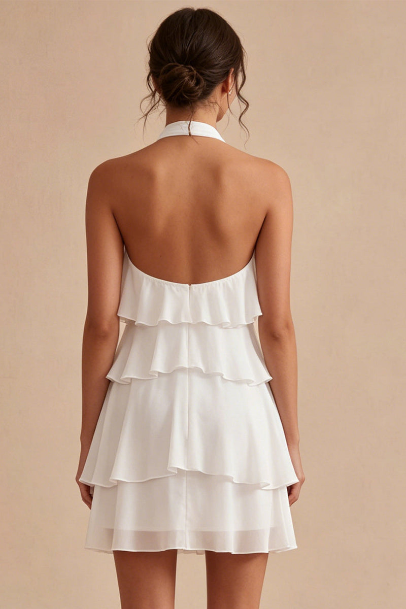 Laden Sie das Bild in den Galerie-Viewer, A-Linie Neckholder-Blümchen-Chiffon Kleines weißes Kleid mit Rüschen