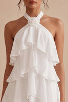Laden Sie das Bild in den Galerie-Viewer, A-Linie Neckholder-Blümchen-Chiffon Kleines weißes Kleid mit Rüschen