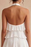 Laden Sie das Bild in den Galerie-Viewer, A-Linie Neckholder-Blümchen-Chiffon Kleines weißes Kleid mit Rüschen
