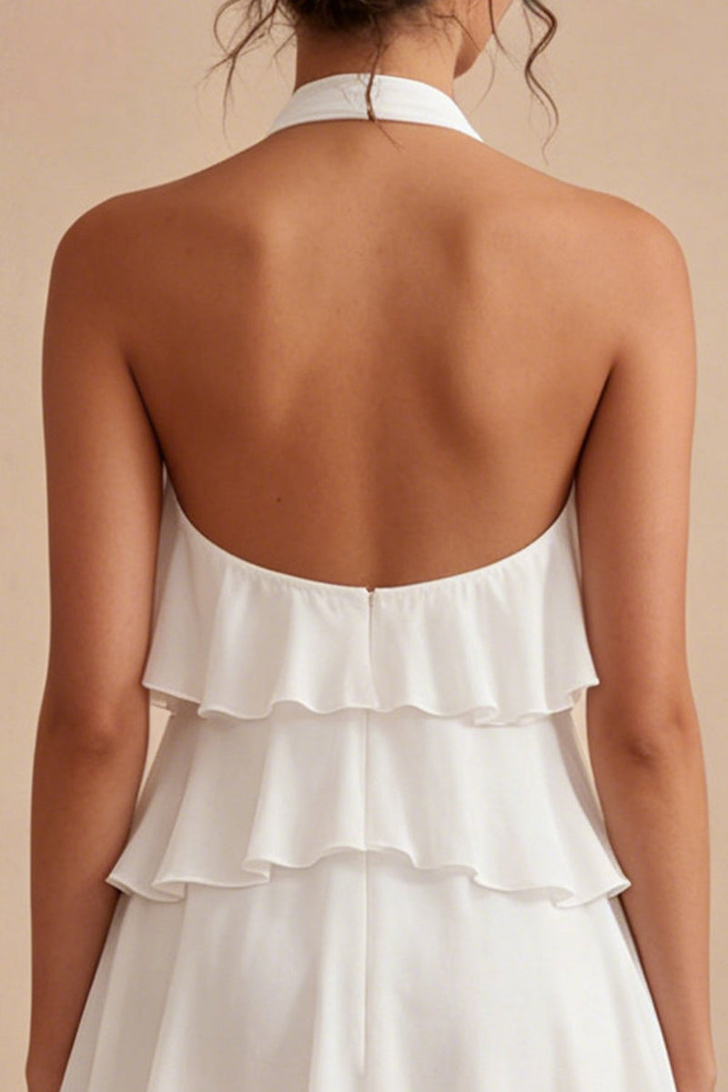 Laden Sie das Bild in den Galerie-Viewer, A-Linie Neckholder-Blümchen-Chiffon Kleines weißes Kleid mit Rüschen