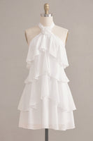 Laden Sie das Bild in den Galerie-Viewer, A-Linie Neckholder-Blümchen-Chiffon Kleines weißes Kleid mit Rüschen