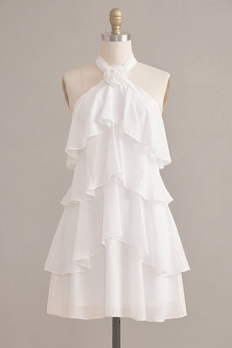 Laden Sie das Bild in den Galerie-Viewer, A-Linie Neckholder-Blümchen-Chiffon Kleines weißes Kleid mit Rüschen