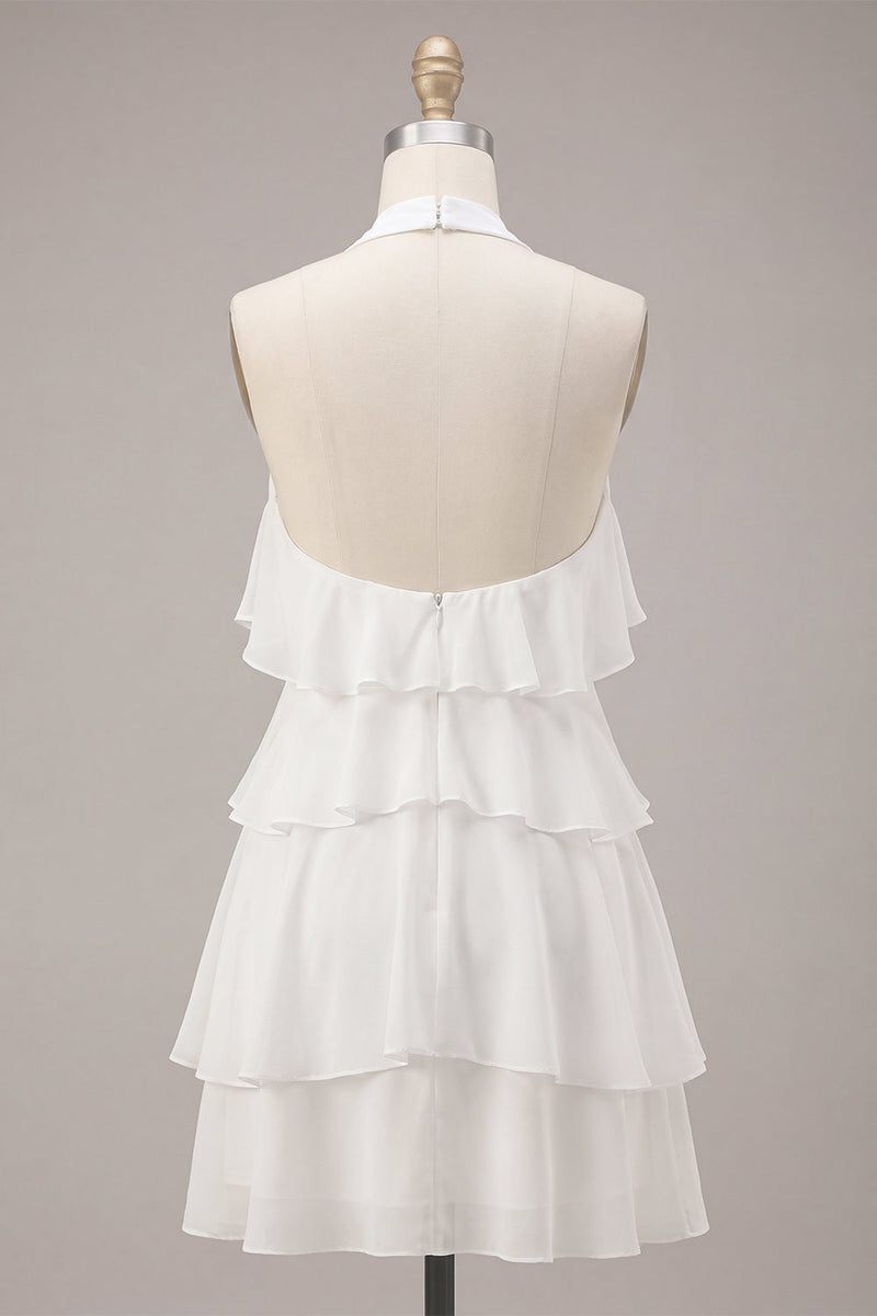 Laden Sie das Bild in den Galerie-Viewer, A-Linie Neckholder-Blümchen-Chiffon Kleines weißes Kleid mit Rüschen