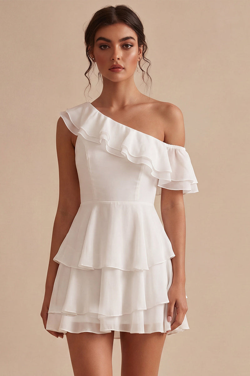 Laden Sie das Bild in den Galerie-Viewer, Ein Schulter-A-Linien-Chiffon, rüschendes kleines, gestuftes weißes Kleid