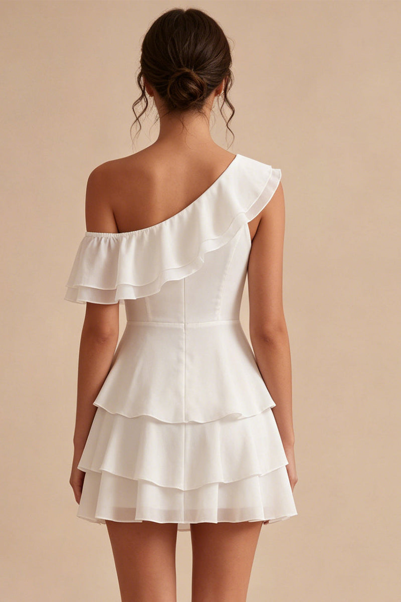 Laden Sie das Bild in den Galerie-Viewer, Ein Schulter-A-Linien-Chiffon, rüschendes kleines, gestuftes weißes Kleid