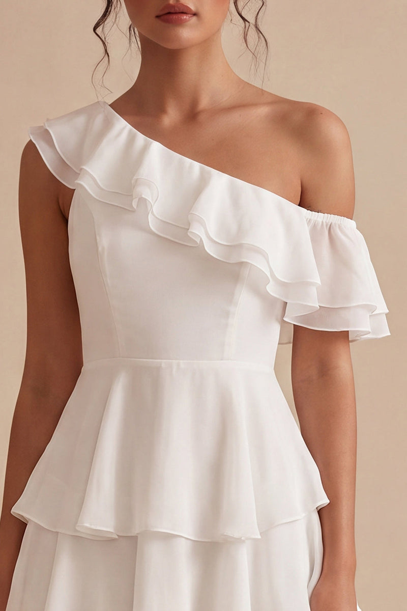Laden Sie das Bild in den Galerie-Viewer, Ein Schulter-A-Linien-Chiffon, rüschendes kleines, gestuftes weißes Kleid
