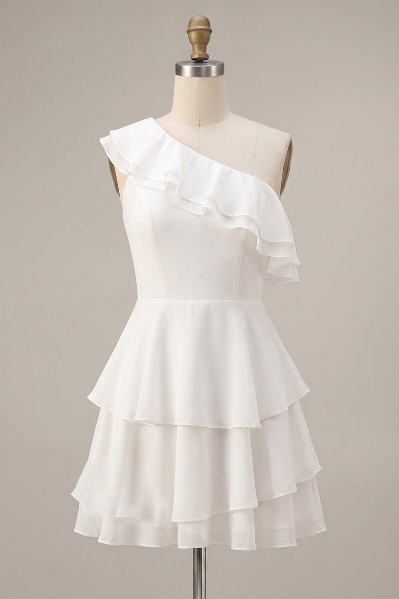 Laden Sie das Bild in den Galerie-Viewer, Ein Schulter-A-Linien-Chiffon, rüschendes kleines, gestuftes weißes Kleid