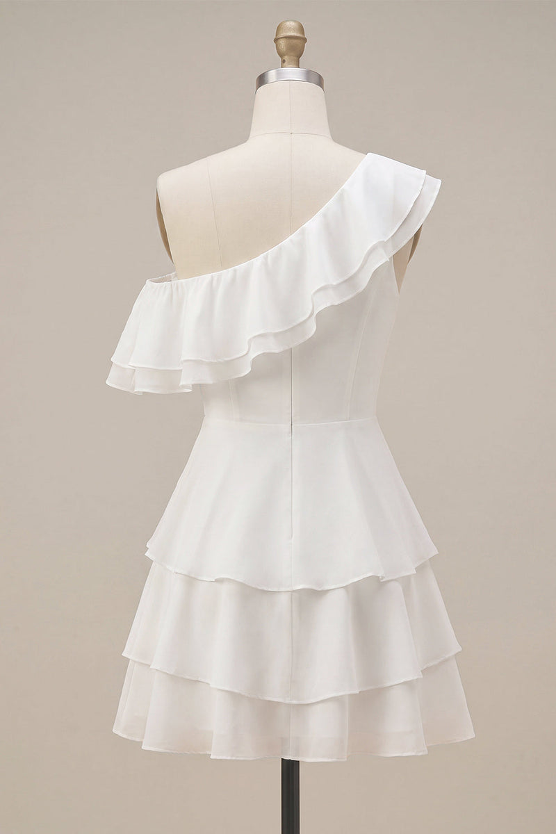 Laden Sie das Bild in den Galerie-Viewer, Ein Schulter-A-Linien-Chiffon, rüschendes kleines, gestuftes weißes Kleid