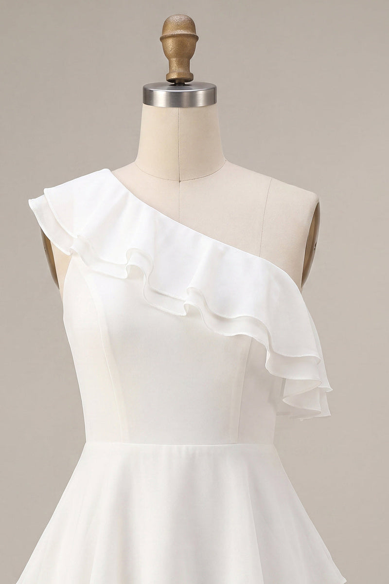 Laden Sie das Bild in den Galerie-Viewer, Ein Schulter-A-Linien-Chiffon, rüschendes kleines, gestuftes weißes Kleid