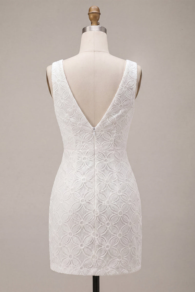 Laden Sie das Bild in den Galerie-Viewer, A-Linie V-Ausschnitt kleines weißes Kleid mit 3D-Blume