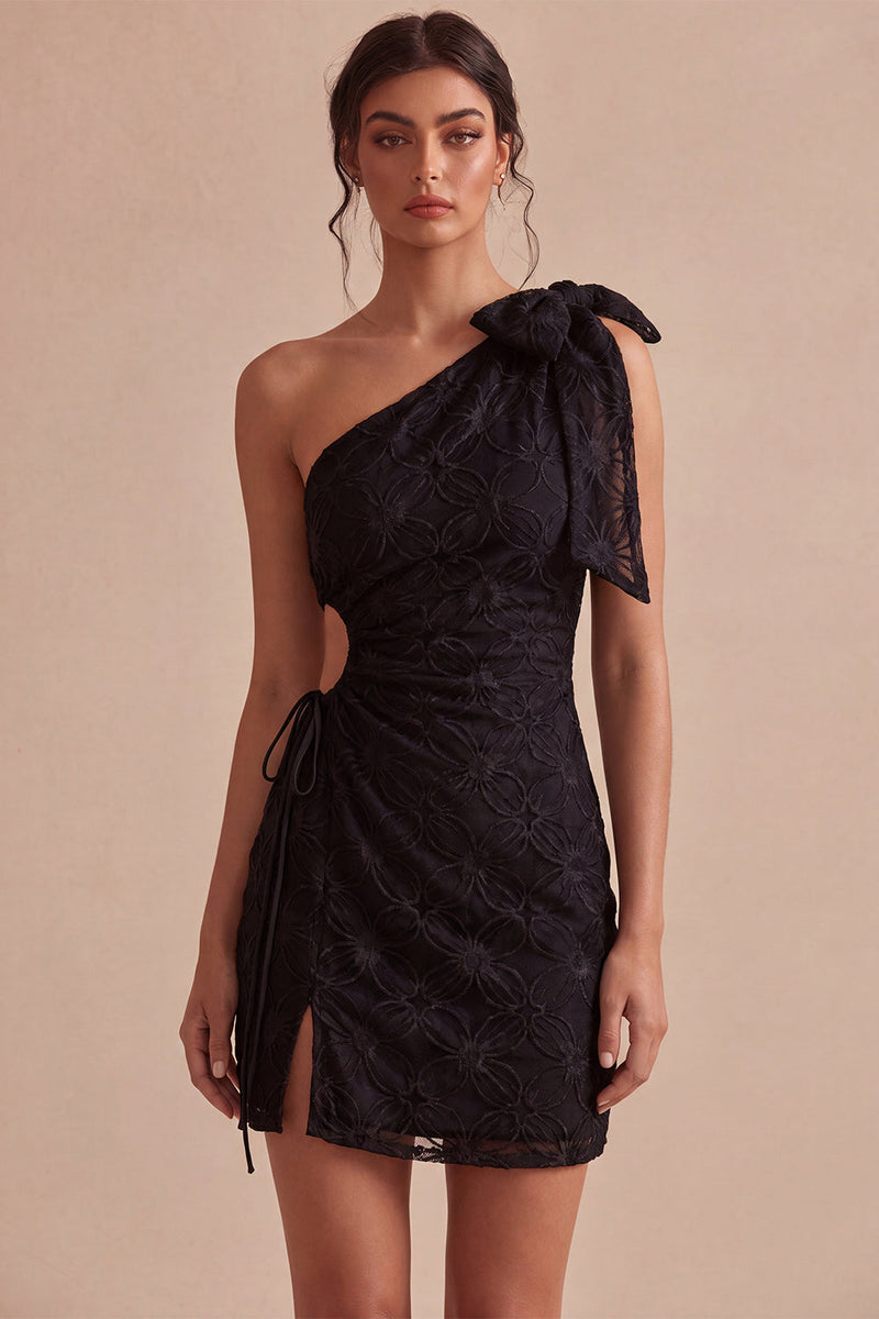 Laden Sie das Bild in den Galerie-Viewer, Bodycon einschulteriges, blumiges weißes Kleid mit Schleife