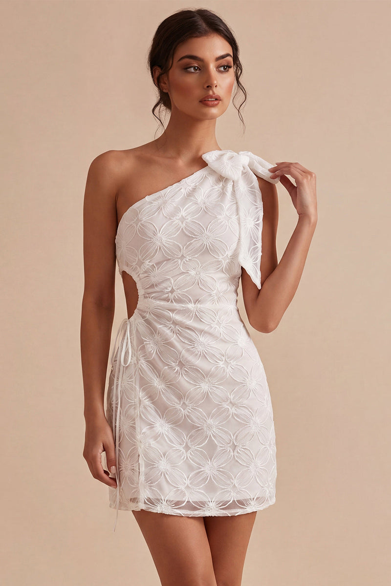 Laden Sie das Bild in den Galerie-Viewer, Bodycon einschulteriges, blumiges weißes Kleid mit Schleife