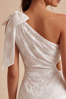 Laden Sie das Bild in den Galerie-Viewer, Bodycon einschulteriges, blumiges weißes Kleid mit Schleife