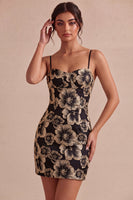 Laden Sie das Bild in den Galerie-Viewer, Ivory Bodycon Spaghetti-Träger Blumen-Jacquard-Minikleid