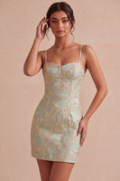 Laden Sie das Bild in den Galerie-Viewer, Ivory Bodycon Spaghetti-Träger Blumen-Jacquard-Minikleid