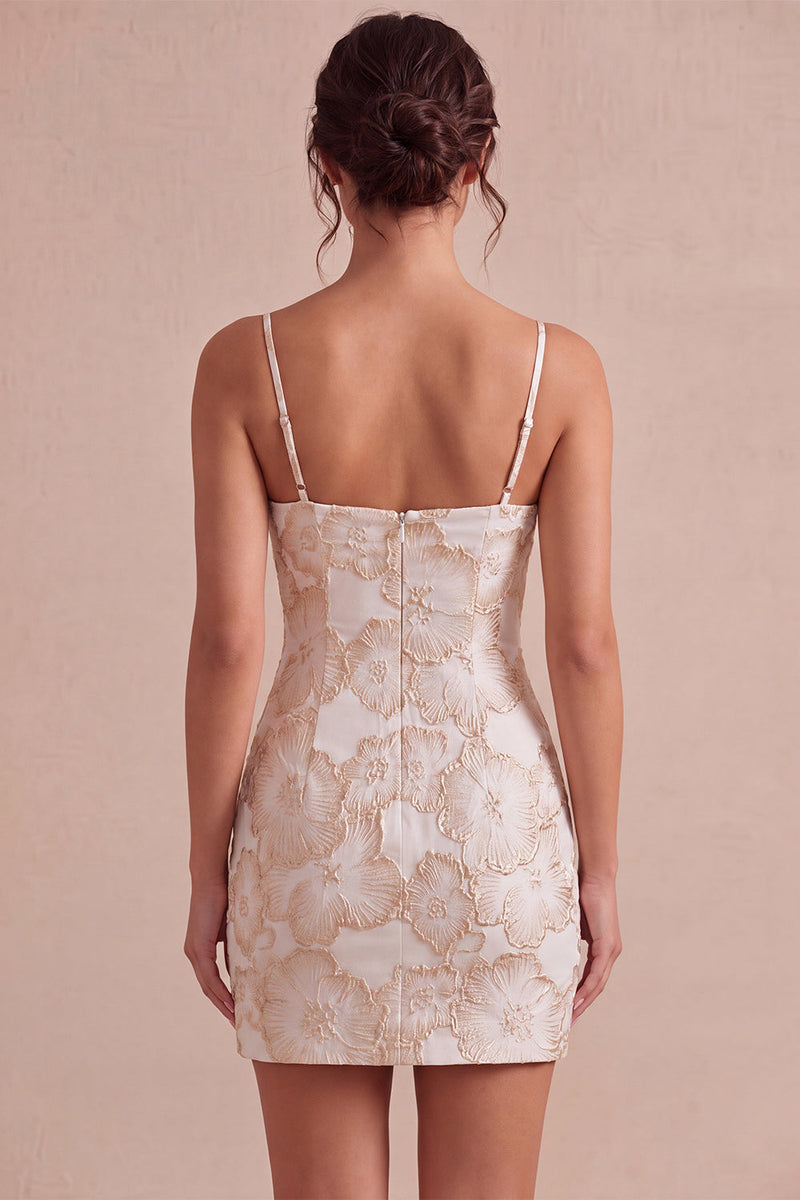 Laden Sie das Bild in den Galerie-Viewer, Ivory Bodycon Spaghetti-Träger Blumen-Jacquard-Minikleid