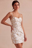 Laden Sie das Bild in den Galerie-Viewer, Ivory Bodycon Spaghetti-Träger Blumen-Jacquard-Minikleid