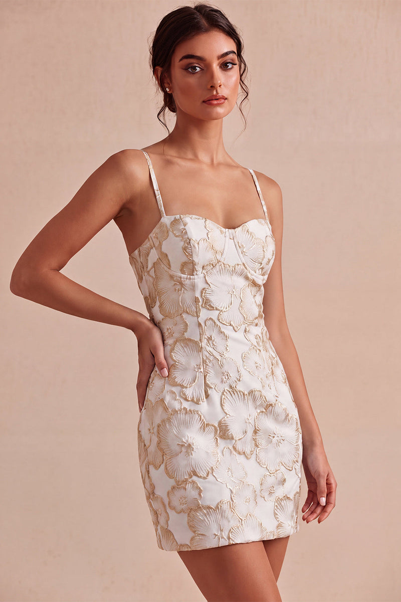 Laden Sie das Bild in den Galerie-Viewer, Ivory Bodycon Spaghetti-Träger Blumen-Jacquard-Minikleid