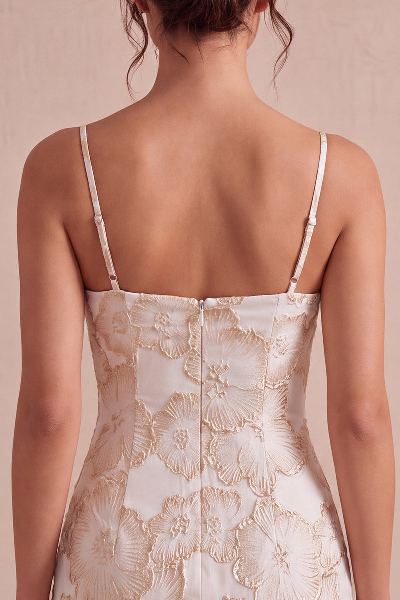Laden Sie das Bild in den Galerie-Viewer, Ivory Bodycon Spaghetti-Träger Blumen-Jacquard-Minikleid