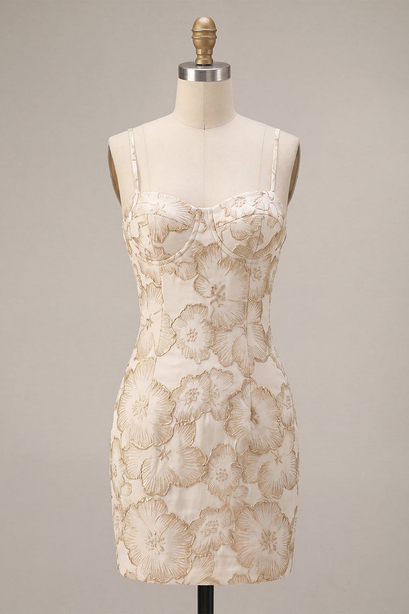 Laden Sie das Bild in den Galerie-Viewer, Ivory Bodycon Spaghetti-Träger Blumen-Jacquard-Minikleid