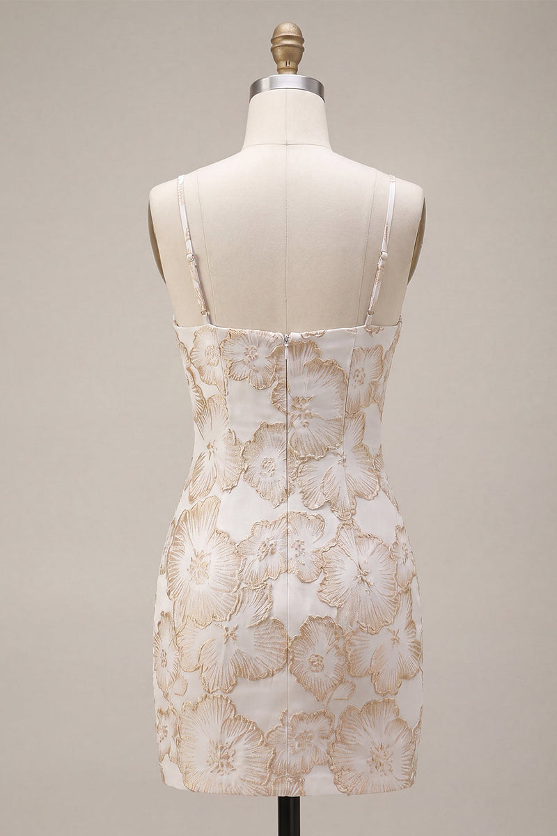 Laden Sie das Bild in den Galerie-Viewer, Ivory Bodycon Spaghetti-Träger Blumen-Jacquard-Minikleid