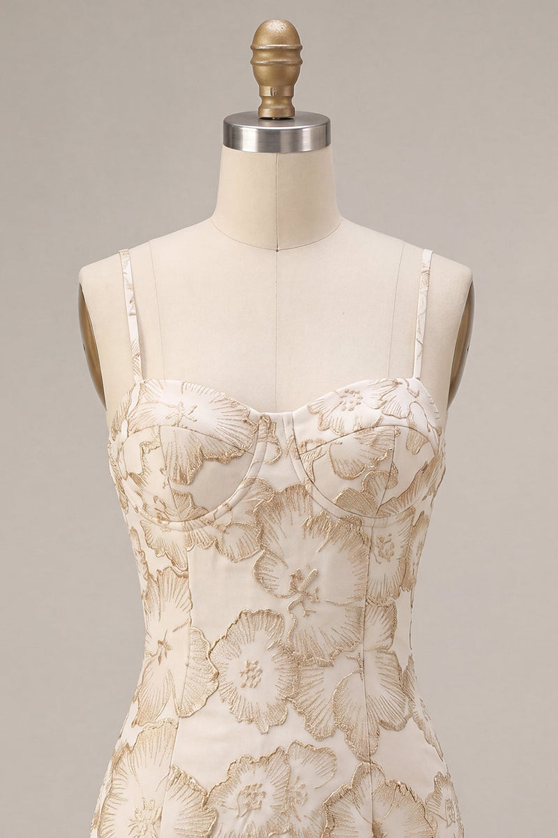 Laden Sie das Bild in den Galerie-Viewer, Ivory Bodycon Spaghetti-Träger Blumen-Jacquard-Minikleid