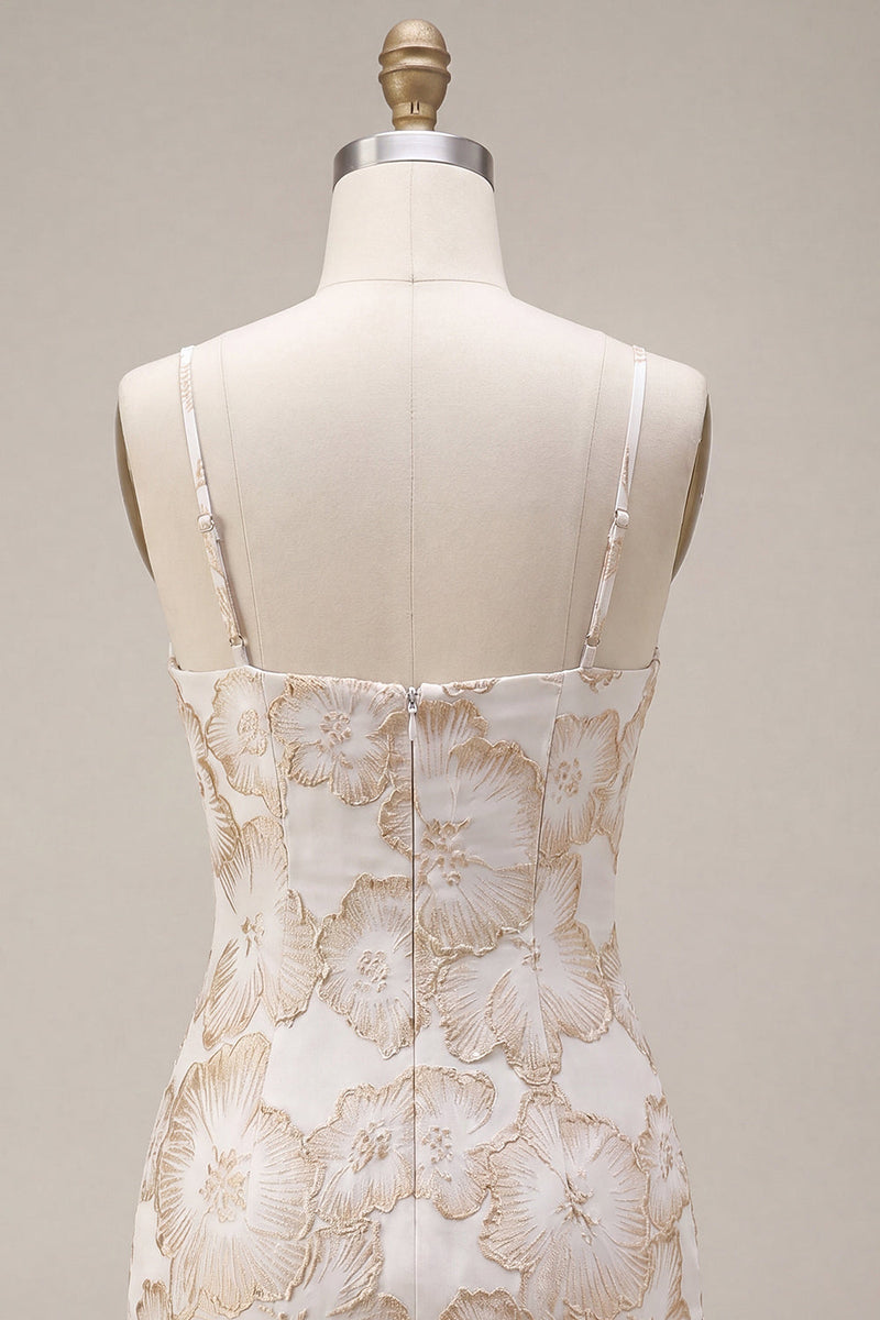 Laden Sie das Bild in den Galerie-Viewer, Ivory Bodycon Spaghetti-Träger Blumen-Jacquard-Minikleid