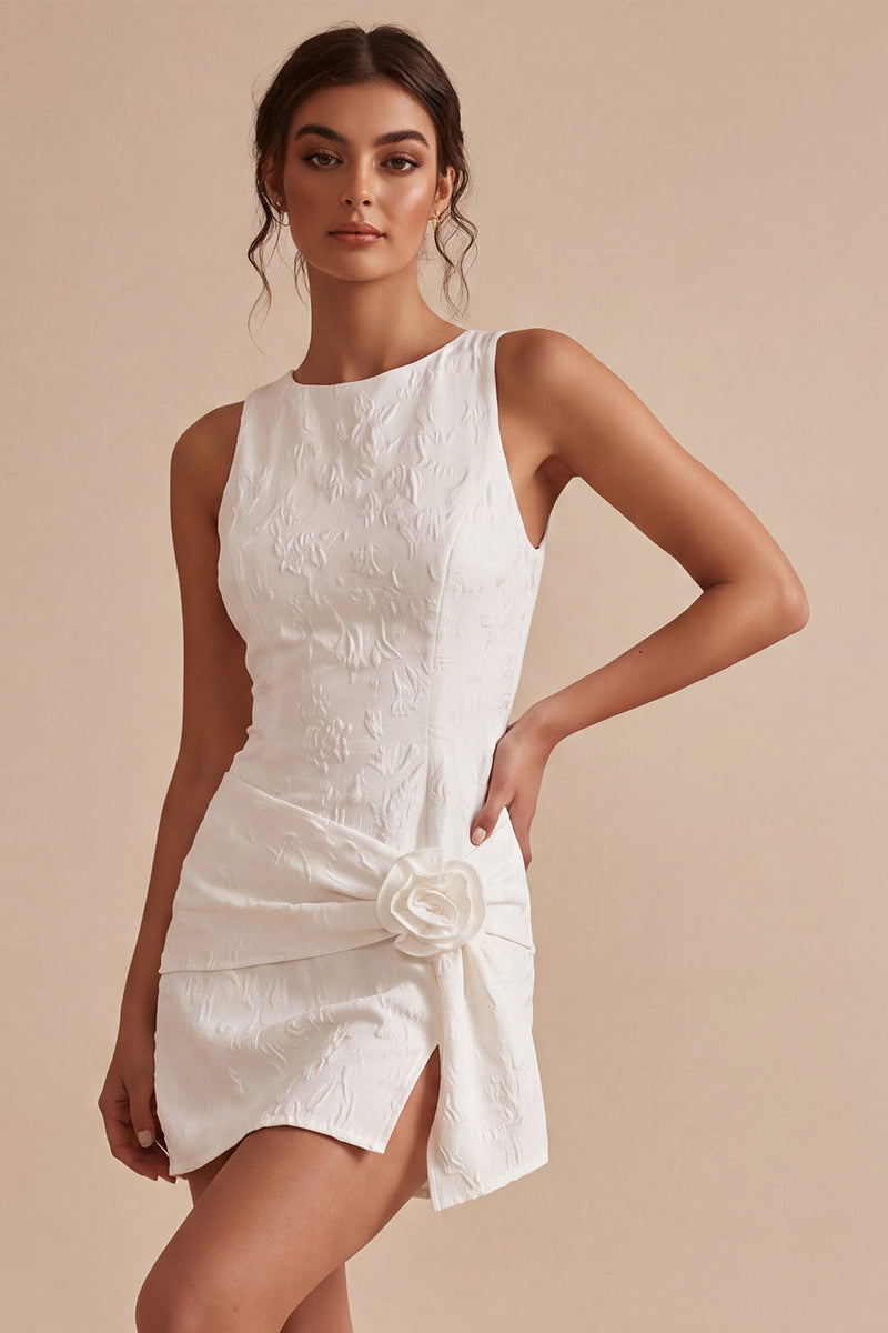 Laden Sie das Bild in den Galerie-Viewer, Rundhals Bodycon geblümtes kleines weißes Kleid mit Schlitz