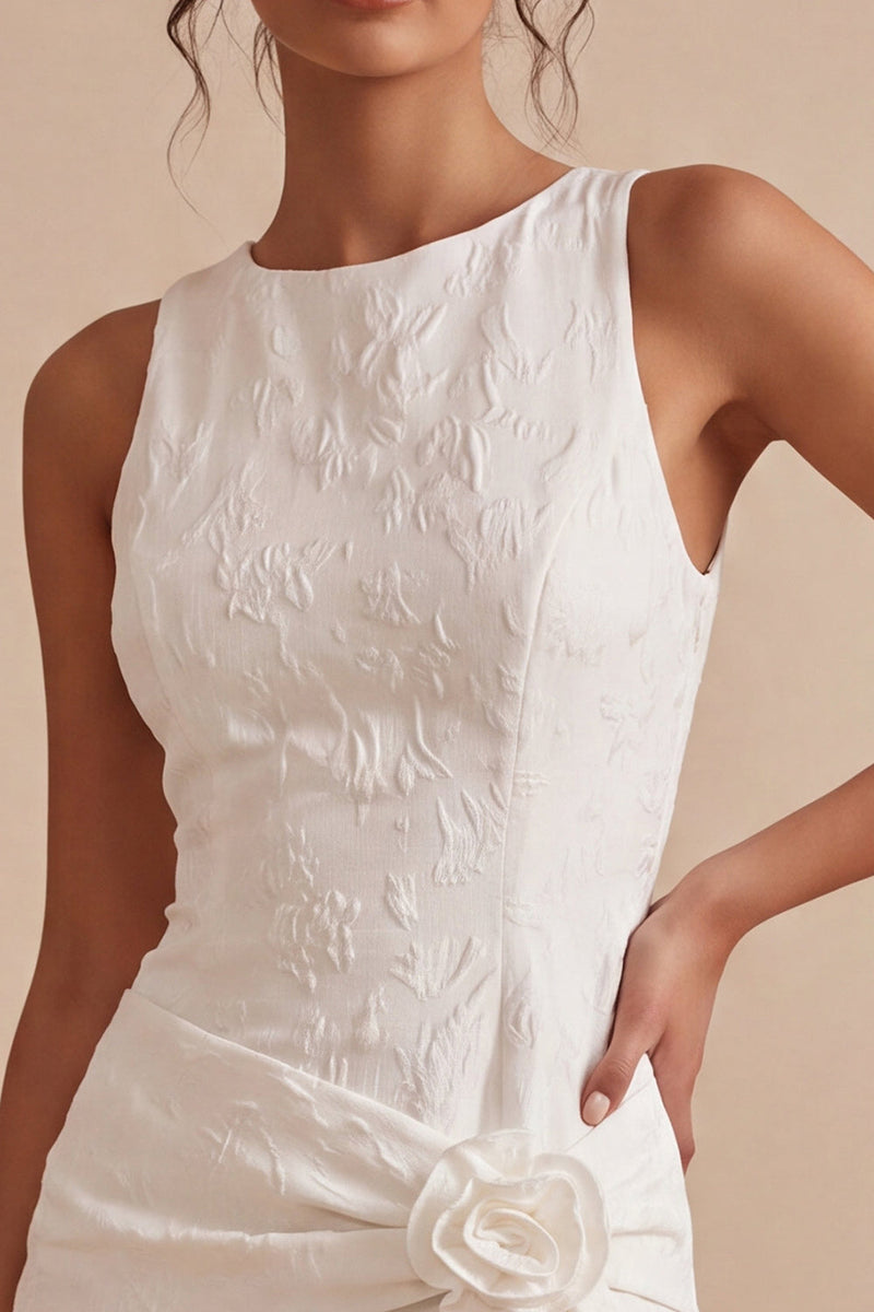 Laden Sie das Bild in den Galerie-Viewer, Rundhals Bodycon geblümtes kleines weißes Kleid mit Schlitz