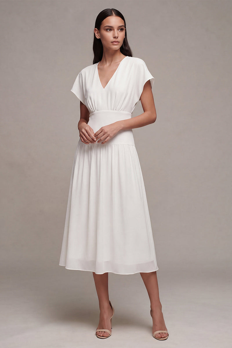 Laden Sie das Bild in den Galerie-Viewer, A-Linie Chiffon V-Ausschnitt Kleines Weißes Kleid