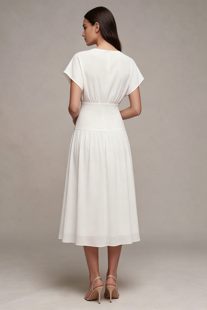 Laden Sie das Bild in den Galerie-Viewer, A-Linie Chiffon V-Ausschnitt Kleines Weißes Kleid