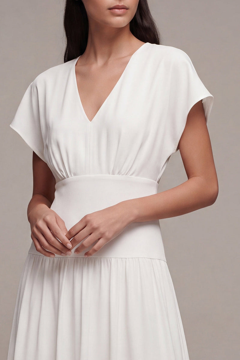 Laden Sie das Bild in den Galerie-Viewer, A-Linie Chiffon V-Ausschnitt Kleines Weißes Kleid