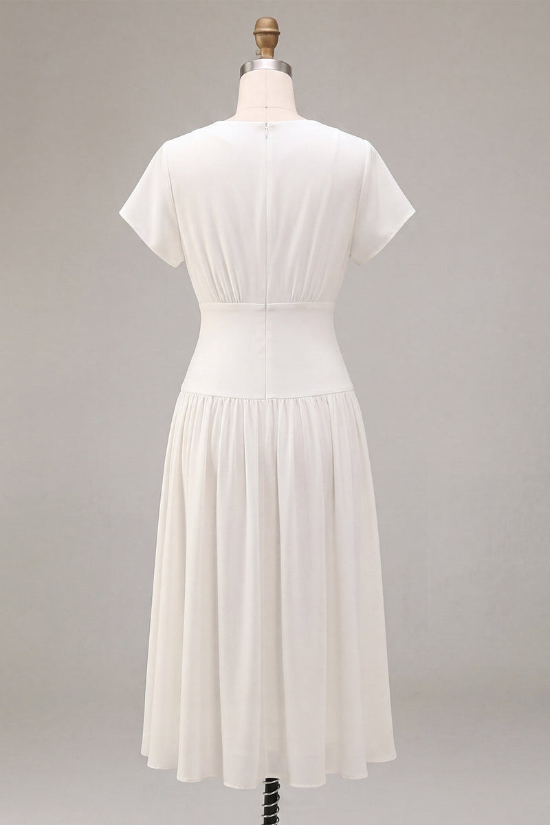 Laden Sie das Bild in den Galerie-Viewer, A-Linie Chiffon V-Ausschnitt Kleines Weißes Kleid