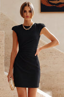Laden Sie das Bild in den Galerie-Viewer, Rundhals-Bodycon gerafftes kleines weißes Kleid mit Mützenärmeln