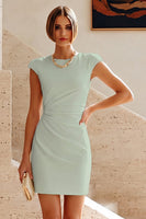 Laden Sie das Bild in den Galerie-Viewer, Rundhals-Bodycon gerafftes kleines weißes Kleid mit Mützenärmeln