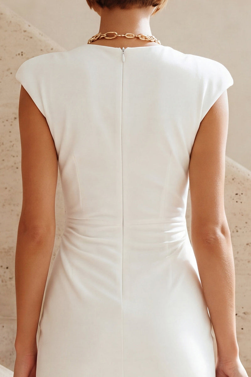 Laden Sie das Bild in den Galerie-Viewer, Rundhals-Bodycon gerafftes kleines weißes Kleid mit Mützenärmeln