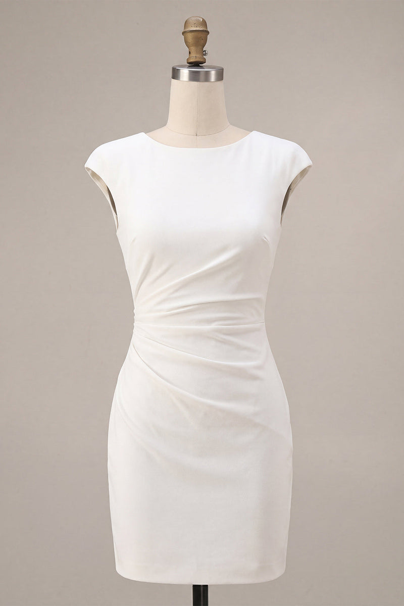 Laden Sie das Bild in den Galerie-Viewer, Rundhals-Bodycon gerafftes kleines weißes Kleid mit Mützenärmeln