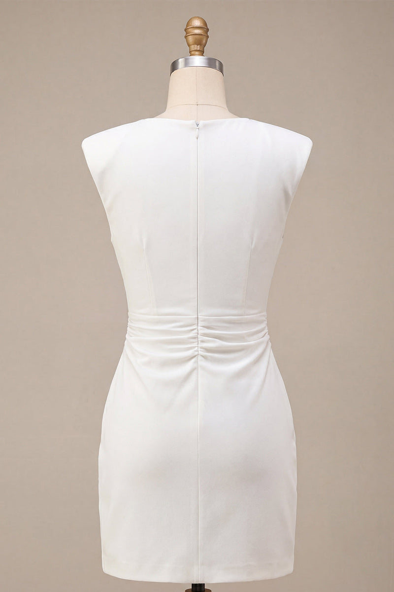 Laden Sie das Bild in den Galerie-Viewer, Rundhals-Bodycon gerafftes kleines weißes Kleid mit Mützenärmeln