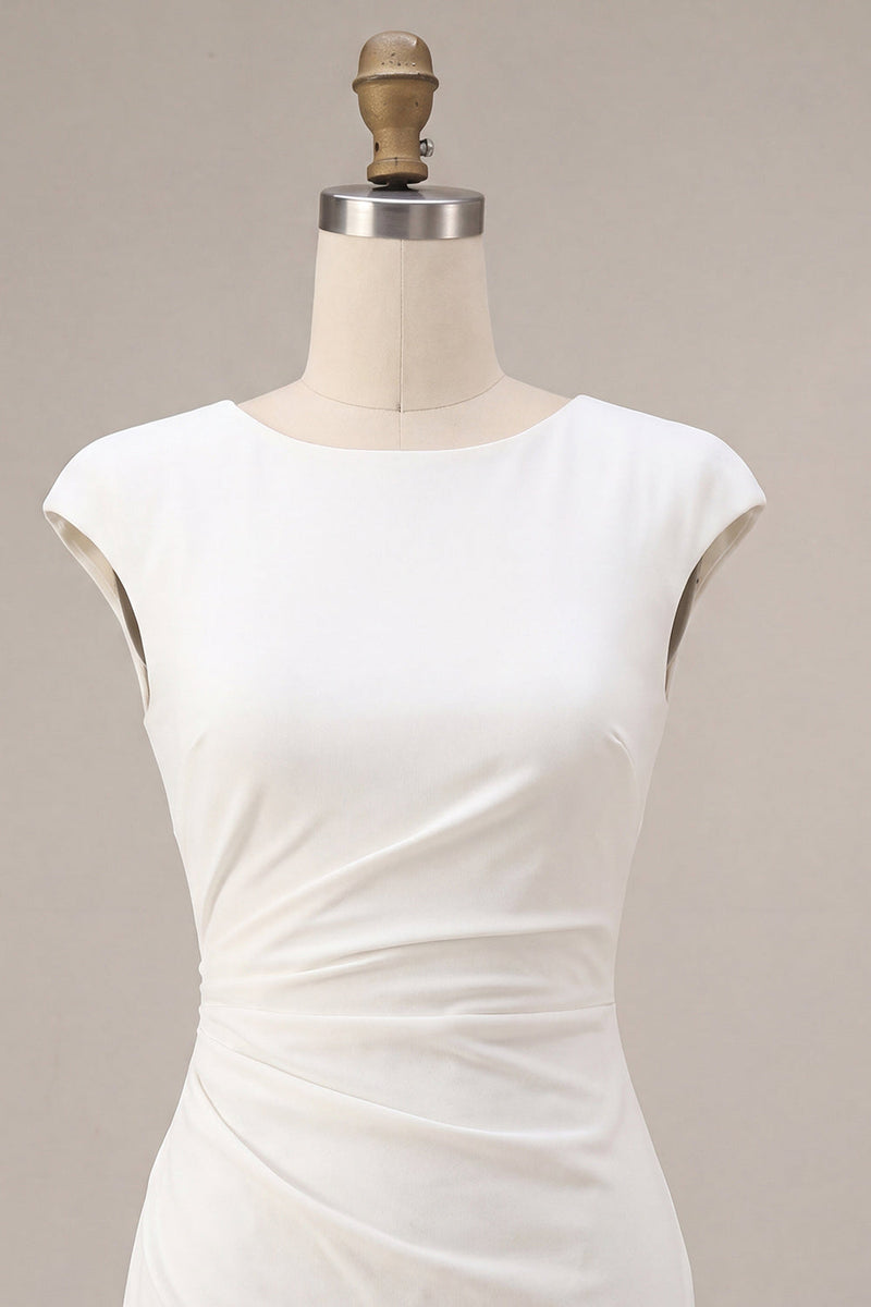 Laden Sie das Bild in den Galerie-Viewer, Rundhals-Bodycon gerafftes kleines weißes Kleid mit Mützenärmeln