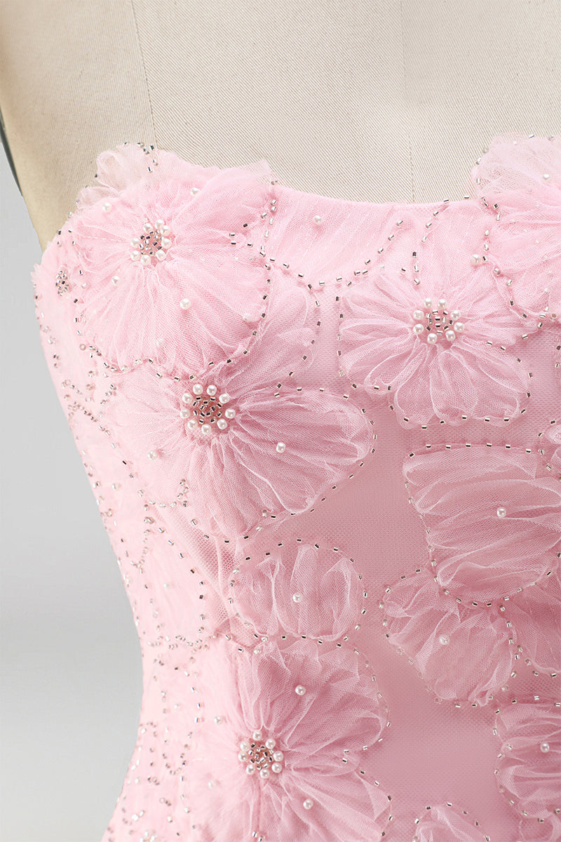 Laden Sie das Bild in den Galerie-Viewer, Rosa A-Linie Trägerloses Perlenbesetztes Kurzes Abendkleid