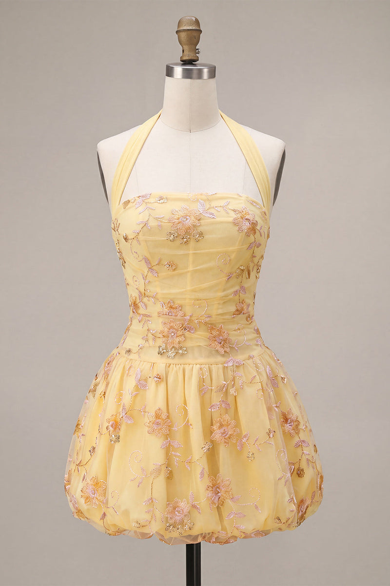 Laden Sie das Bild in den Galerie-Viewer, A-Linie gelbes Neckholder-Neckholder-Kleid mit Blumenstickerei zum Homecoming-Kleid