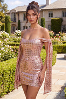 Laden Sie das Bild in den Galerie-Viewer, Glitzerndes Champagner-Off-the-Shoulder Bodycon-Pailletten-Homecoming-Kleid