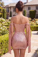 Laden Sie das Bild in den Galerie-Viewer, Glitzerndes Champagner-Off-the-Shoulder Bodycon-Pailletten-Homecoming-Kleid