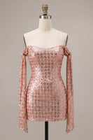 Laden Sie das Bild in den Galerie-Viewer, Glitzerndes Champagner-Off-the-Shoulder Bodycon-Pailletten-Homecoming-Kleid