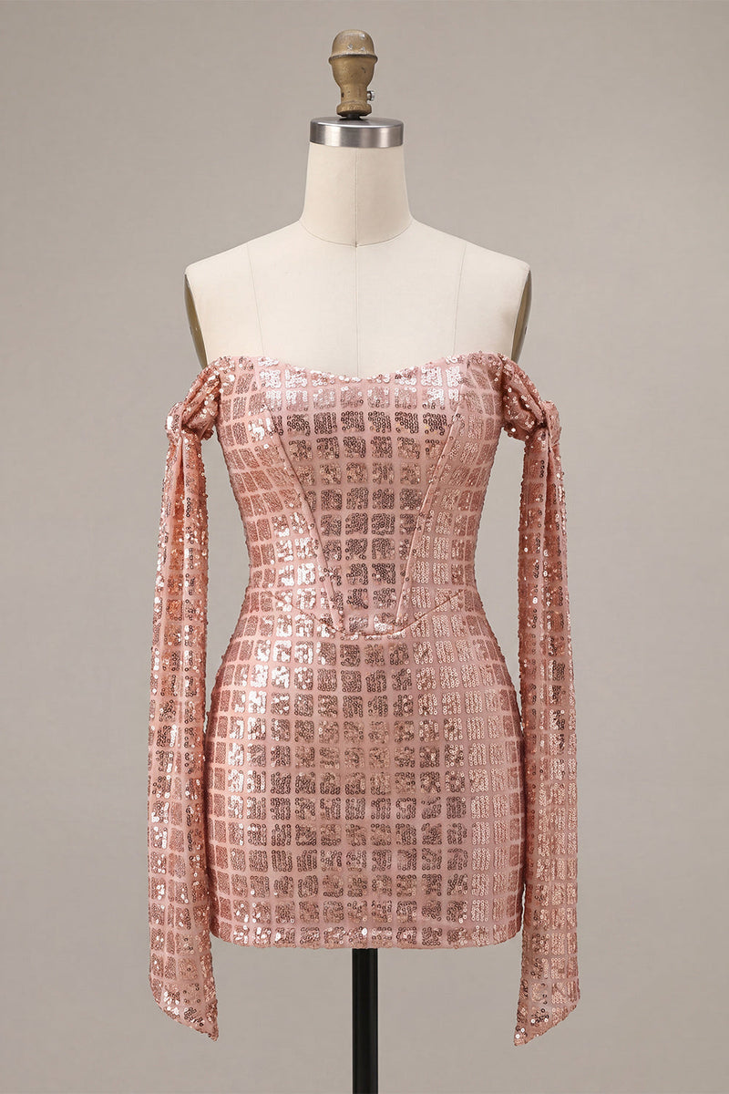 Laden Sie das Bild in den Galerie-Viewer, Glitzerndes Champagner-Off-the-Shoulder Bodycon-Pailletten-Homecoming-Kleid