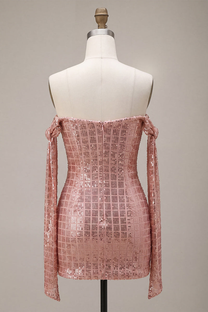 Laden Sie das Bild in den Galerie-Viewer, Glitzerndes Champagner-Off-the-Shoulder Bodycon-Pailletten-Homecoming-Kleid