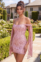 Laden Sie das Bild in den Galerie-Viewer, Glitzerndes Champagner-Off-the-Shoulder Bodycon-Pailletten-Homecoming-Kleid
